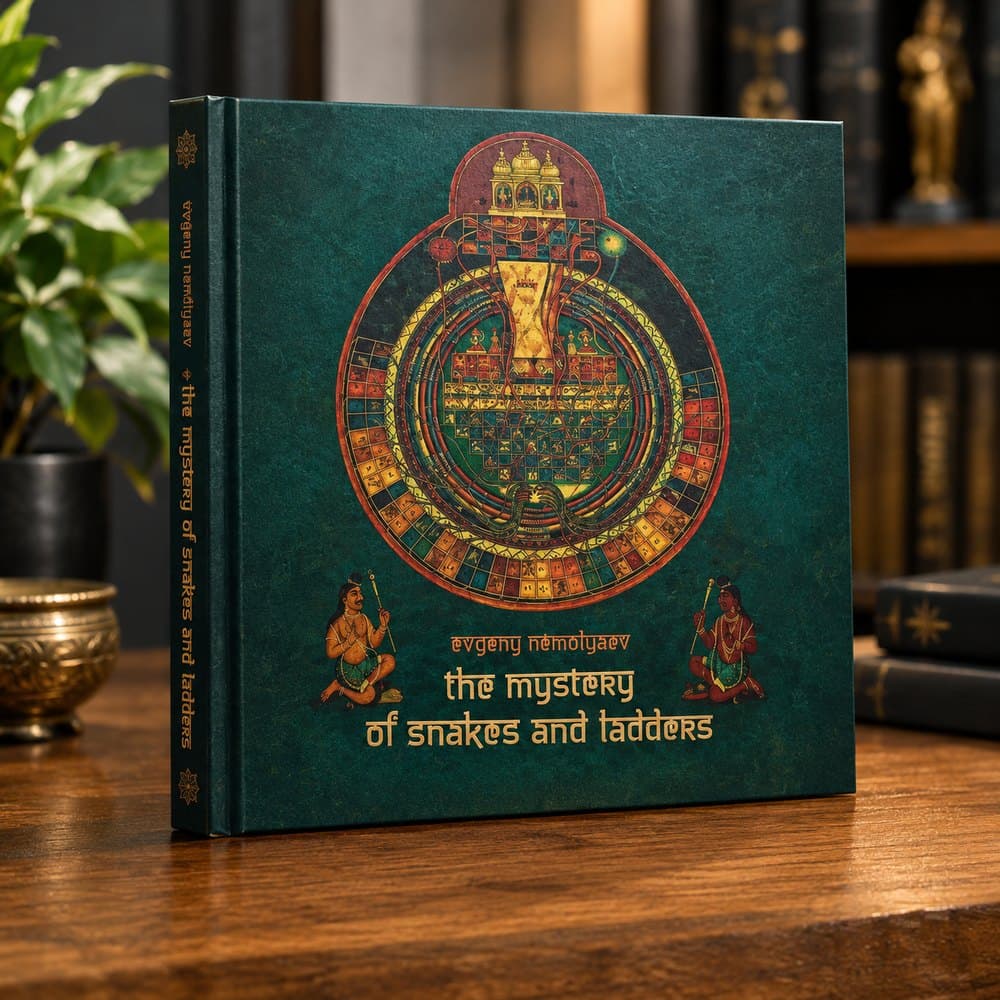 The Mystery of Snakes and Ladders by Evgeny Nemolyaev: a green hardback with a painted Leela board encircled by a serpent